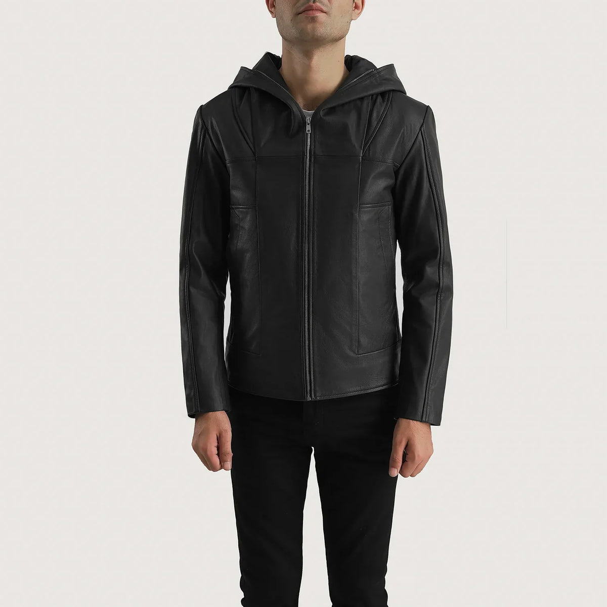 Black Goatskin Leather Hooded Jacket - Rückansicht mit passgenauen Schultern &amp; sauberem Saum
