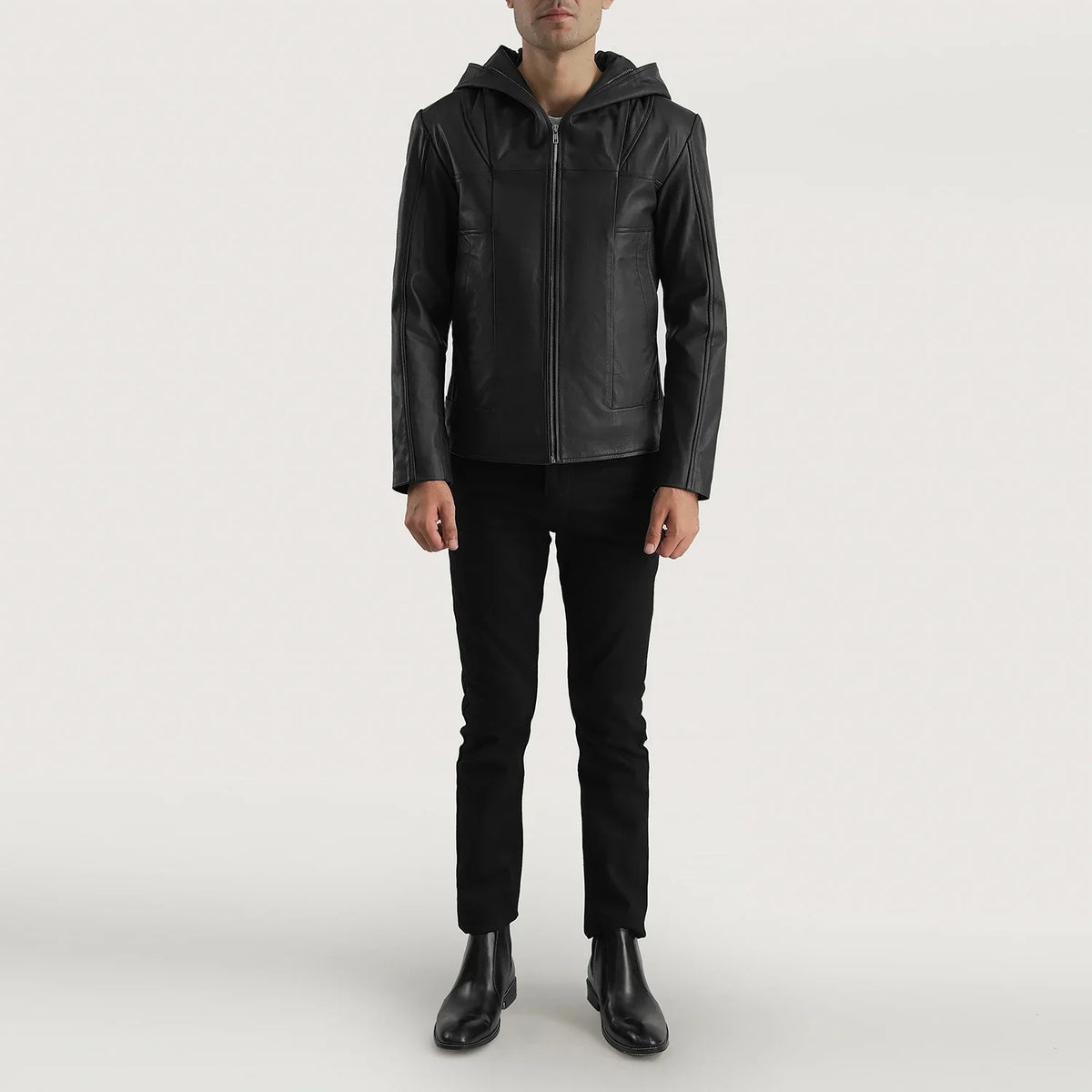 Detailansicht of Hooded &amp; Zipper Hardware on Men's Spratt Schwarz Hooded Lederjacke für Herren