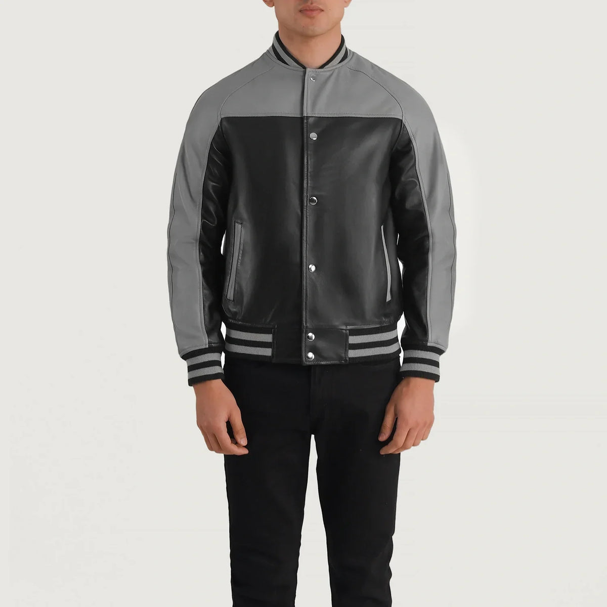 
Detailansicht of Varsity & Snap Buttons Hardware on Terrance Black & Red Leather Varsity Jacket