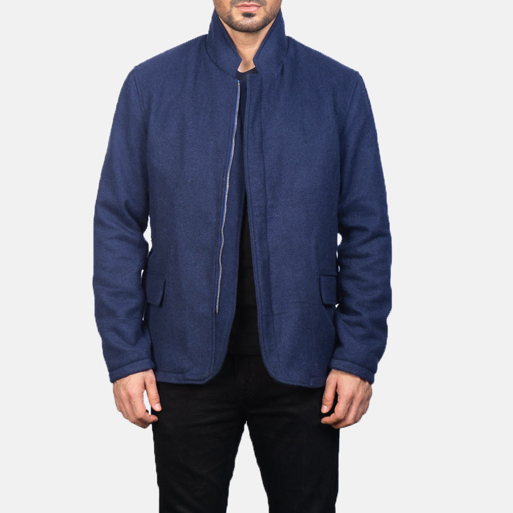 Men's Thomas Blau Wool Lederjacke für Herren in Navy Blue Synthetic Wool - Vorderansicht &amp; maßgeschneiderte Silhouette | Online Kaufen