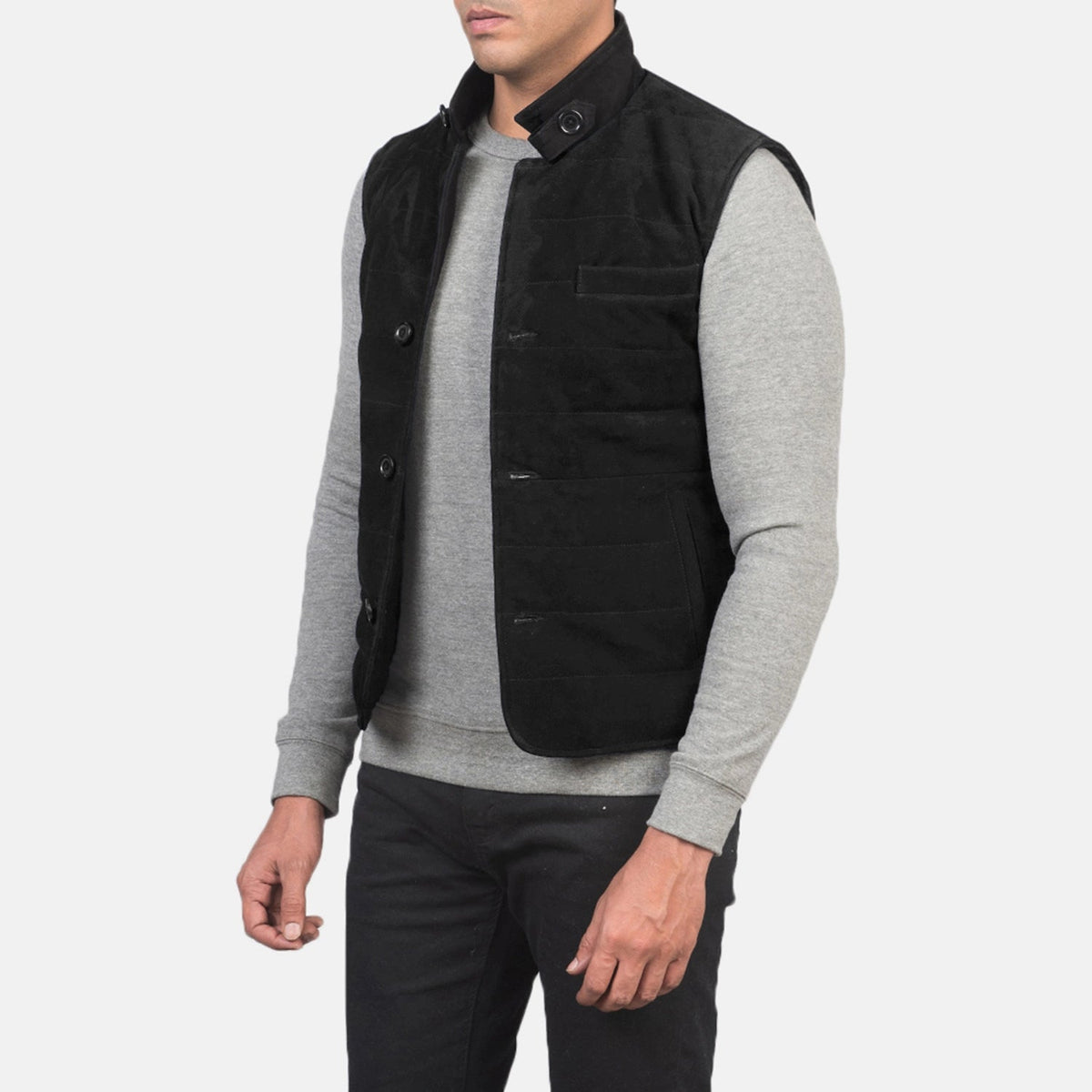 Black Goatskin Suede Leather Vest - Rückansicht mit passgenauen Schultern &amp; sauberem Saum