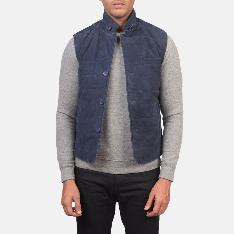 Men's Tony Blue Suede Vest in Blue Goatskin Suede - Front Profile View & Tailored Silhouette | Buy Online