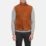 Close-Up Detail of Notch with removable throat latch & Button Hardware on Men's Tony Brown Suede Vest
