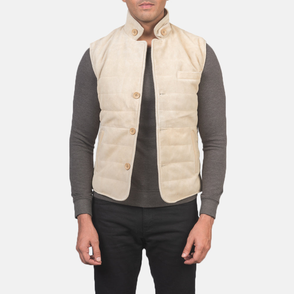 
Tony Off-Weiß Suede Vest für Herren in Off-White Goatskin Suede - Vorderansicht & maßgeschneiderte Silhouette | Online Kaufen