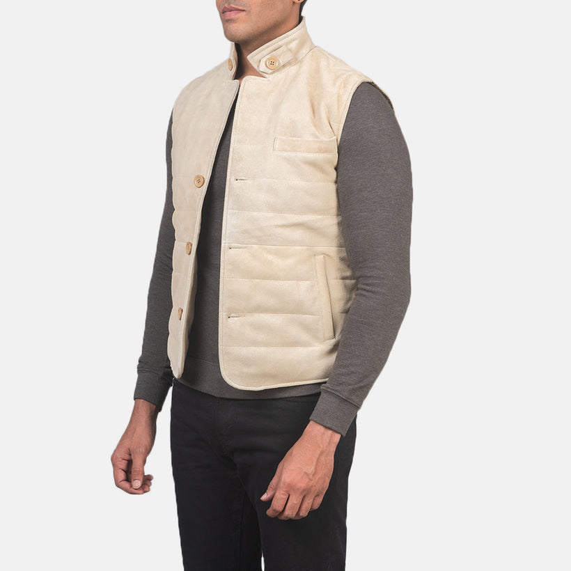 Off-White Goatskin Suede Leather Vest - Back View Showing Tailored Shoulder Fit & Clean Hemline