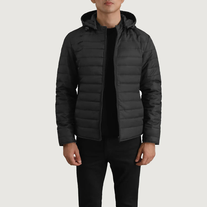 Tyler Schwarz Hooded Puffer Lederjacke für Herren