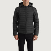 Detailansicht of Classic Collar &amp; Zipper Hardware on Tyler Schwarz Hooded Puffer Lederjacke für Herren
