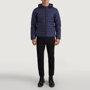 Tyler Blau Hooded Puffer Lederjacke für Herren - Seitenansicht mit ergonomischem Ärmelschnitt