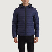 Detailansicht of Classic Collar &amp; Zipper Hardware on Tyler Blau Hooded Puffer Lederjacke für Herren