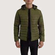 
Tyler Grün Hooded Puffer Lederjacke für Herren in Green Full-Grain Leather - Vorderansicht & maßgeschneiderte Silhouette | Online Kaufen