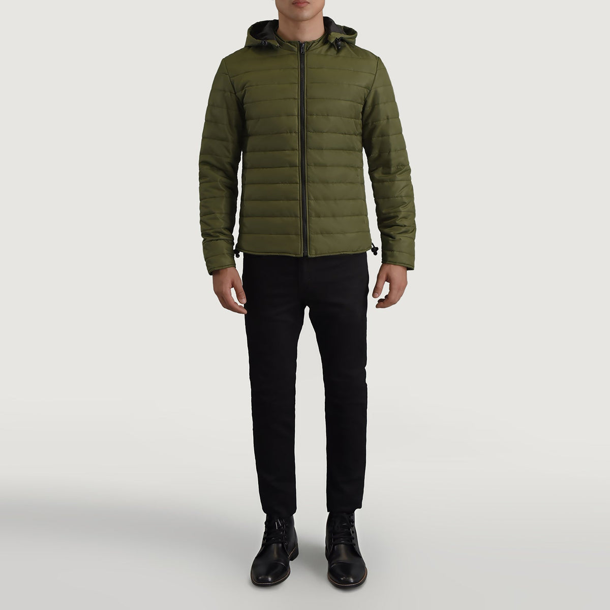 
Tyler Grün Hooded Puffer Lederjacke für Herren - Seitenansicht mit ergonomischem Ärmelschnitt & sportlicher Passform
