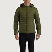 
Detailansicht of Classic Collar & Zipper Hardware on Tyler Grün Hooded Puffer Lederjacke für Herren