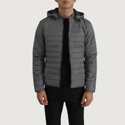 Tyler Grau Hooded Puffer Lederjacke für Herren in Grey Full-Grain Leather - Vorderansicht &amp; maßgeschneiderte Silhouette | Online Kaufen