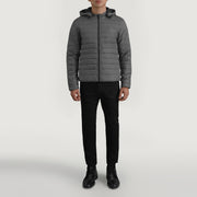 Tyler Grau Hooded Puffer Lederjacke für Herren - Seitenansicht mit ergonomischem Ärmelschnitt