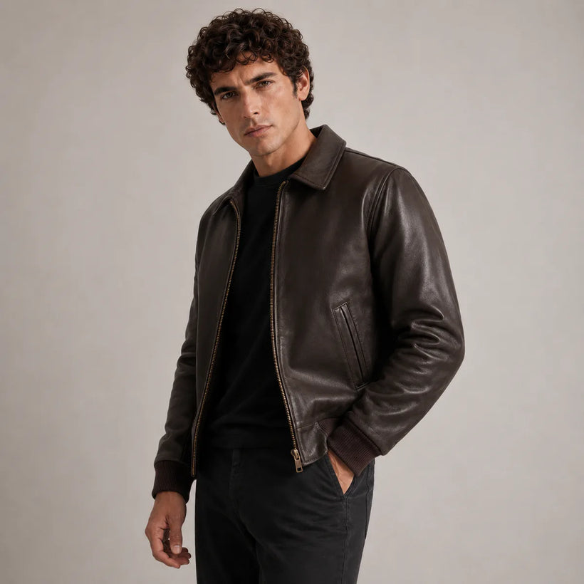 Dark Braun Sheepskin Leder-Bomberjacke für Herren