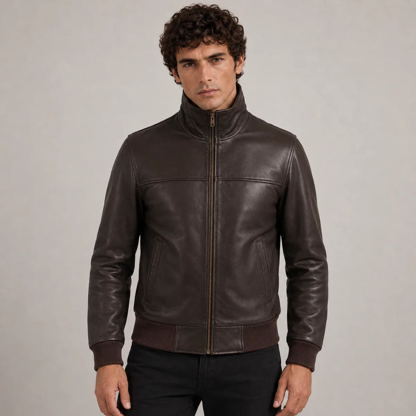 Dark Braun Sheepskin Leder-Bomberjacke für Herren