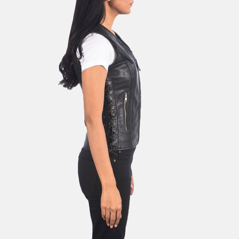 Vanda Schwarz Leather Biker Vest für Damen