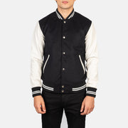 Detailansicht of Varsity &amp; Snap Buttons Hardware on Men's Vaxton Schwarz &amp; Weiß Hybrid Varsity Lederjacke für Herren