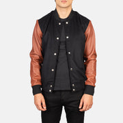 Men's Vaxton Brown Hybrid Varsity Jacket in Black &amp; Brown Sheepskin Leather - Vorderansicht &amp; maßgeschneiderte Silhouette | Online Kaufen