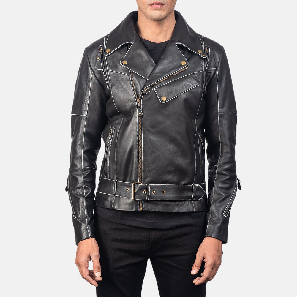 Men's Vincent Black Leather Biker Jacket in Distressed Black Cow Hide Leather - Vorderansicht &amp; maßgeschneiderte Silhouette | Online Kaufen