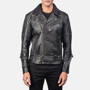 Men's Vincent Black Leather Biker Jacket in Distressed Black Cow Hide Leather - Vorderansicht &amp; maßgeschneiderte Silhouette | Online Kaufen