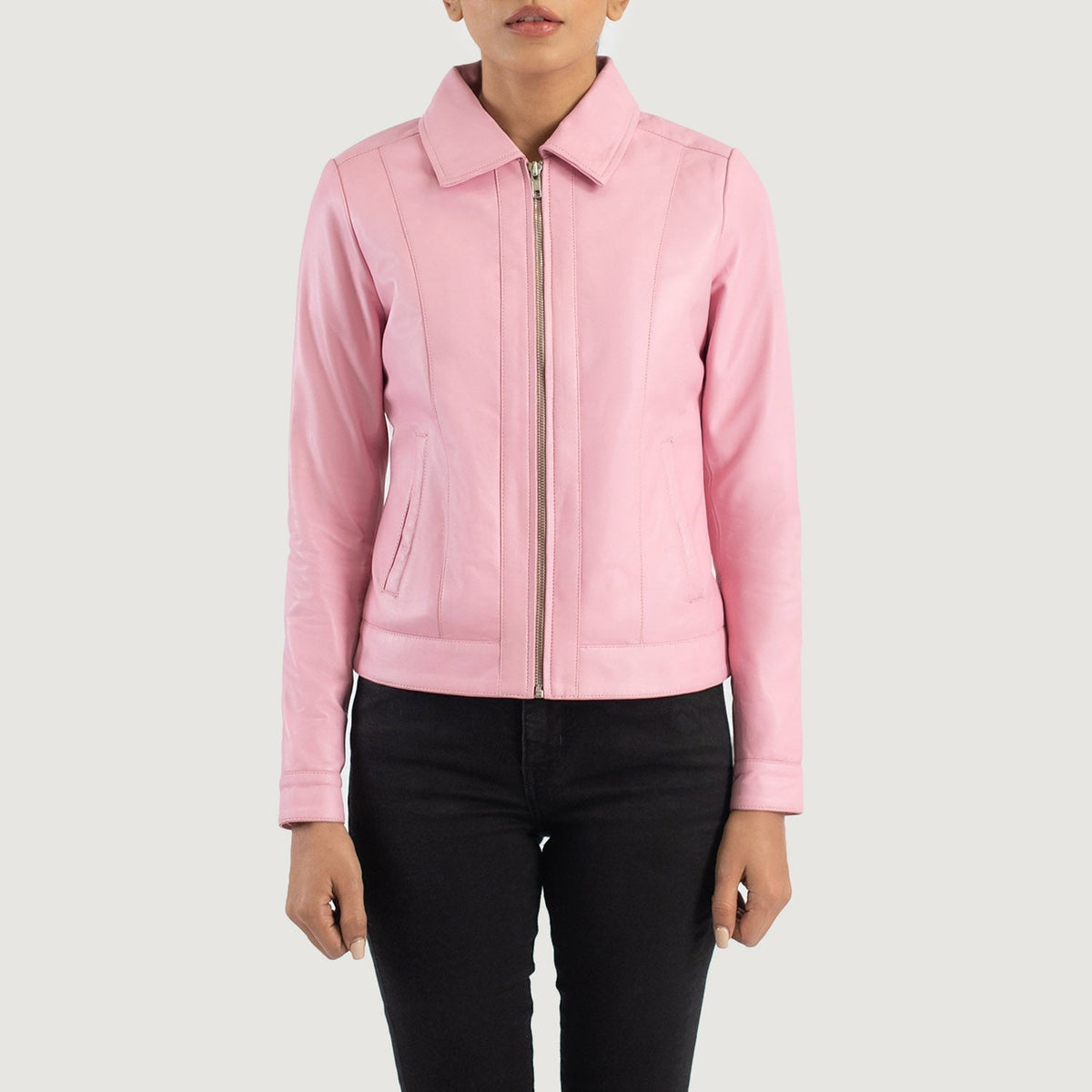 Detailansicht of Shirt &amp; Zipper Hardware on Women's Vixen Pink Classic Collar Leather Jacket