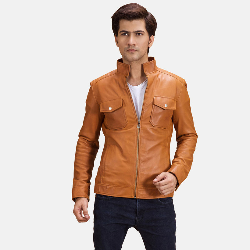 Voltex Hellbraun Leder-Bikerjacke für Herren