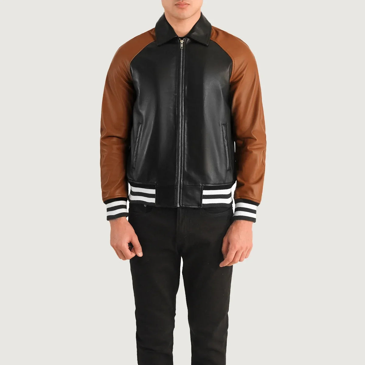 
Detailansicht of Shirt collar & Zipper Hardware on Walton Blue Leather Varsity Jacket