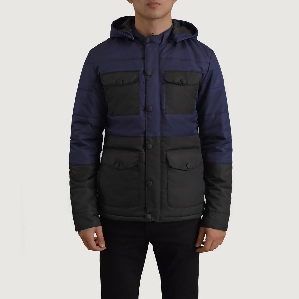
Detailansicht of Classic Collar & Heavy-Duty Zipper Hardware on Wayne Schwarz & Blau Hooded Puffer Lederjacke für Herren