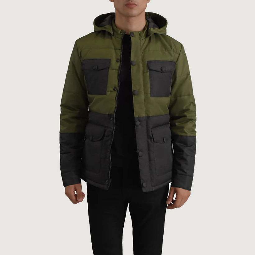Wayne Schwarz & Grün Hooded Puffer Lederjacke für Herren
