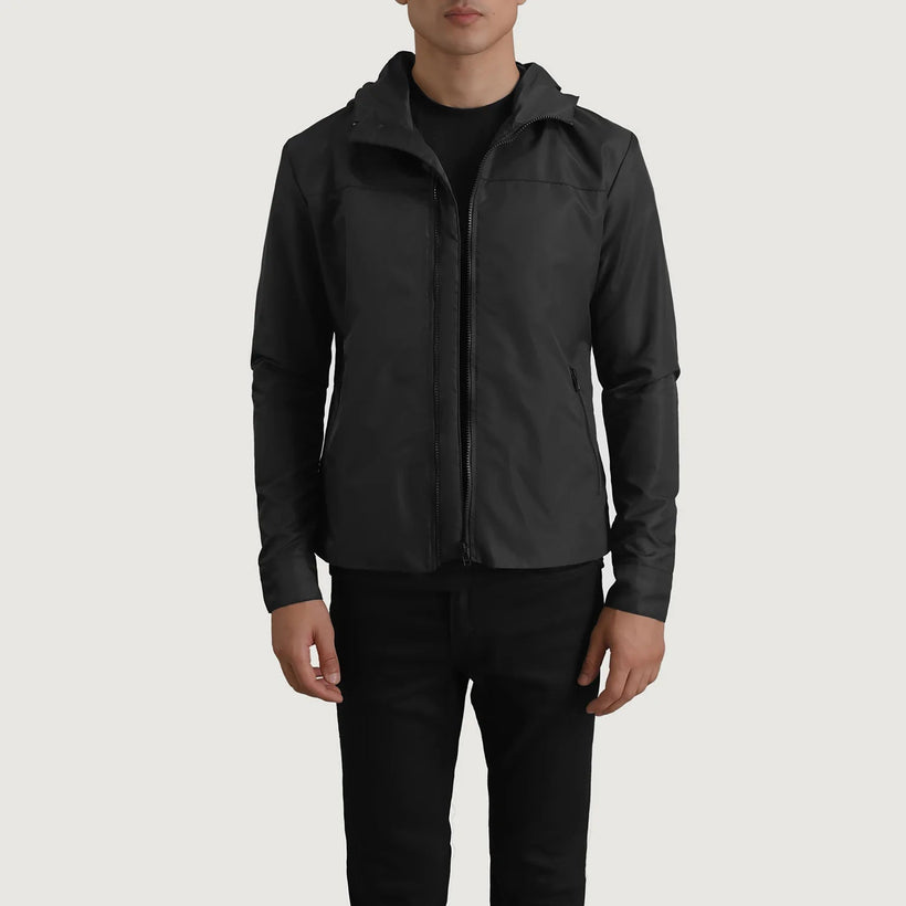 Wesley Schwarz Hooded Windbreaker Lederjacke für Herren