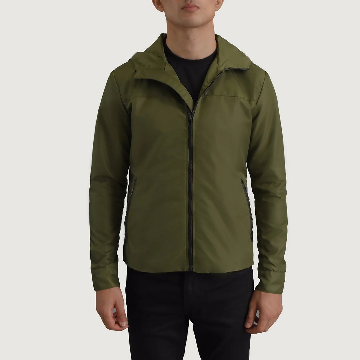 
Detailansicht of Classic Collar & Zipper With Inside Wind Flap. Hardware on Wesley Grün Hooded Windbreaker Lederjacke für Herren