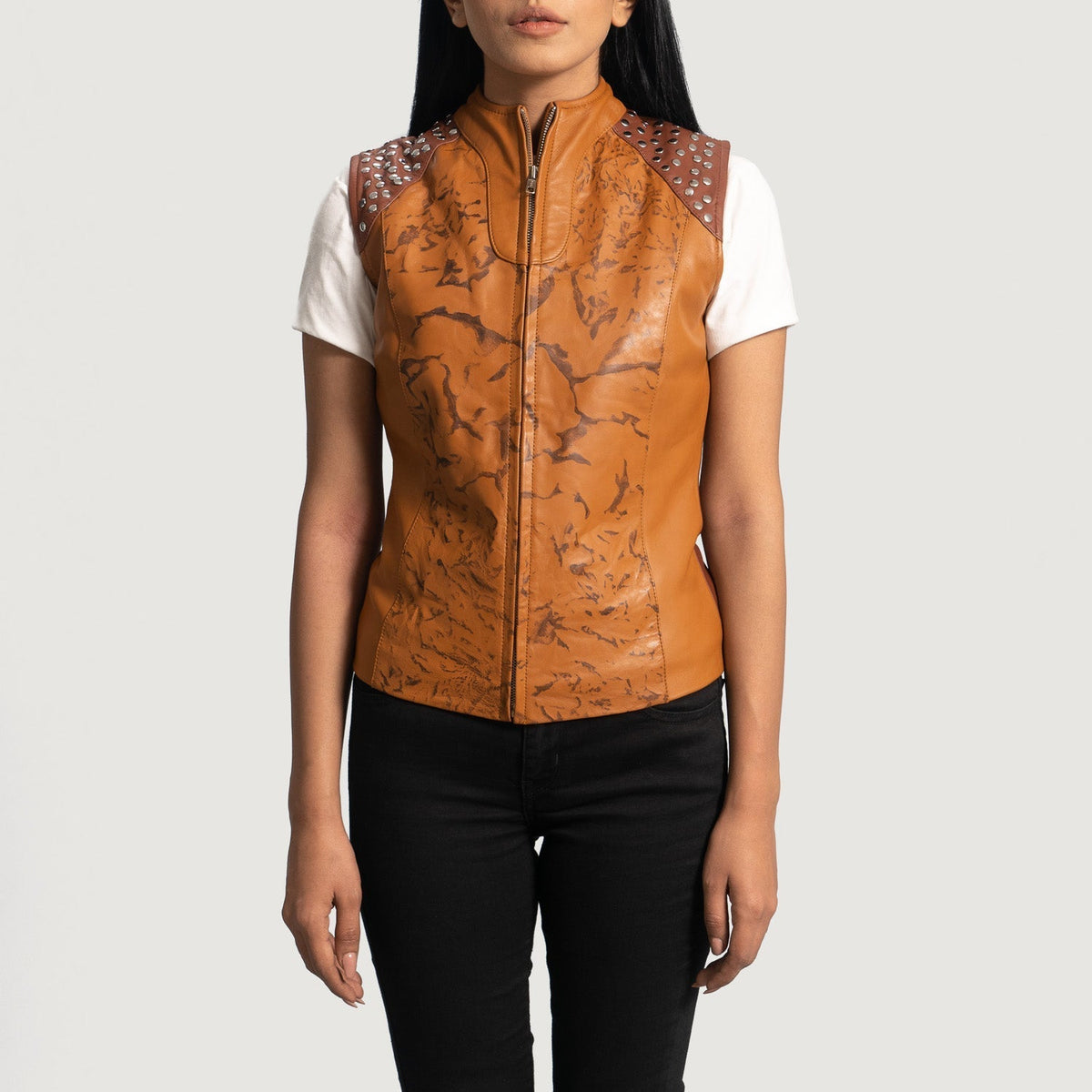 
Westina Hellbraun Dye Lederweste für Damen in Tan Brown Sheepskin Dip &Amp; Dye - Vorderansicht & maßgeschneiderte Silhouette | Online Kaufen