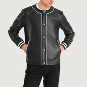 Detailansicht of Collarless &amp; Snap Button Buttons Hardware on Willis Black Leather Varsity Jacket