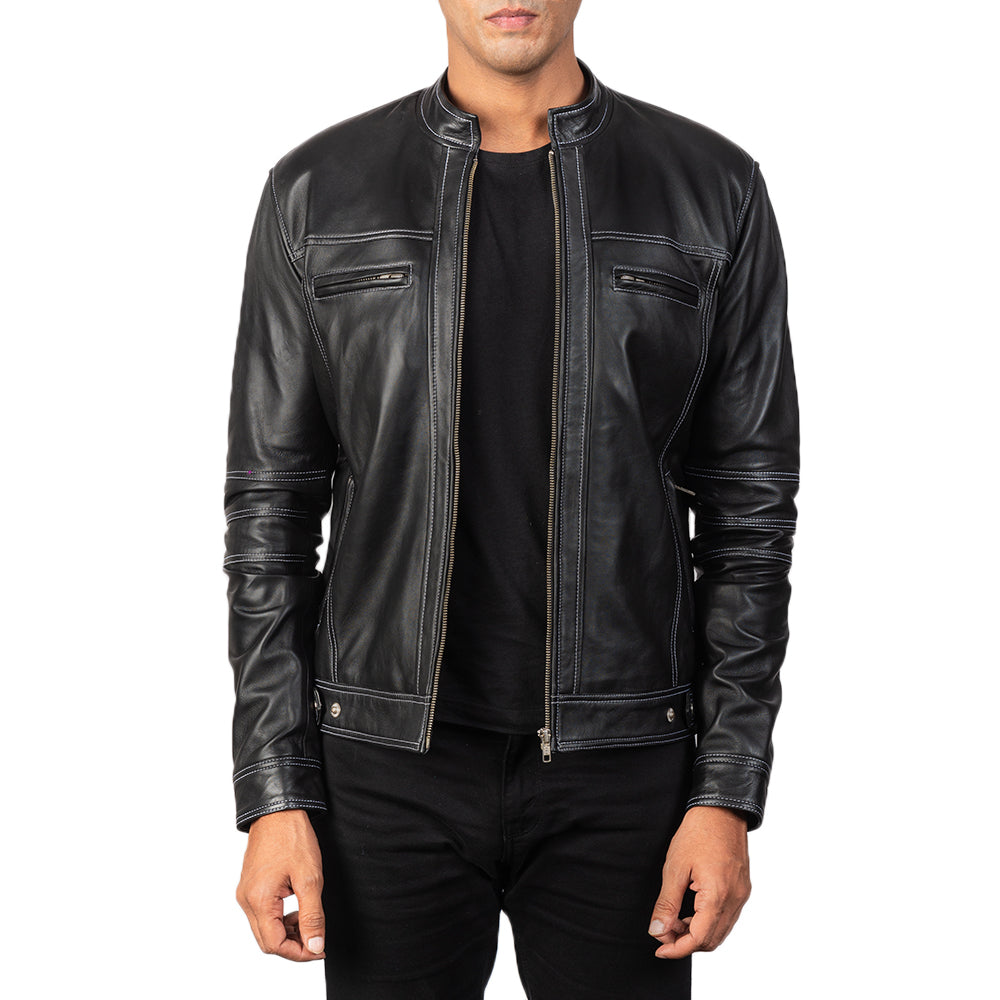 Youngster Distressed Black Leather Jacket in Black Goatskin Snuffed - Vorderansicht &amp; maßgeschneiderte Silhouette | Online Kaufen