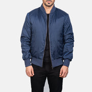 Men's Zack Blau Leder-Bomberjacke für Herren in Blue Nylon - Vorderansicht &amp; maßgeschneiderte Silhouette | Online Kaufen