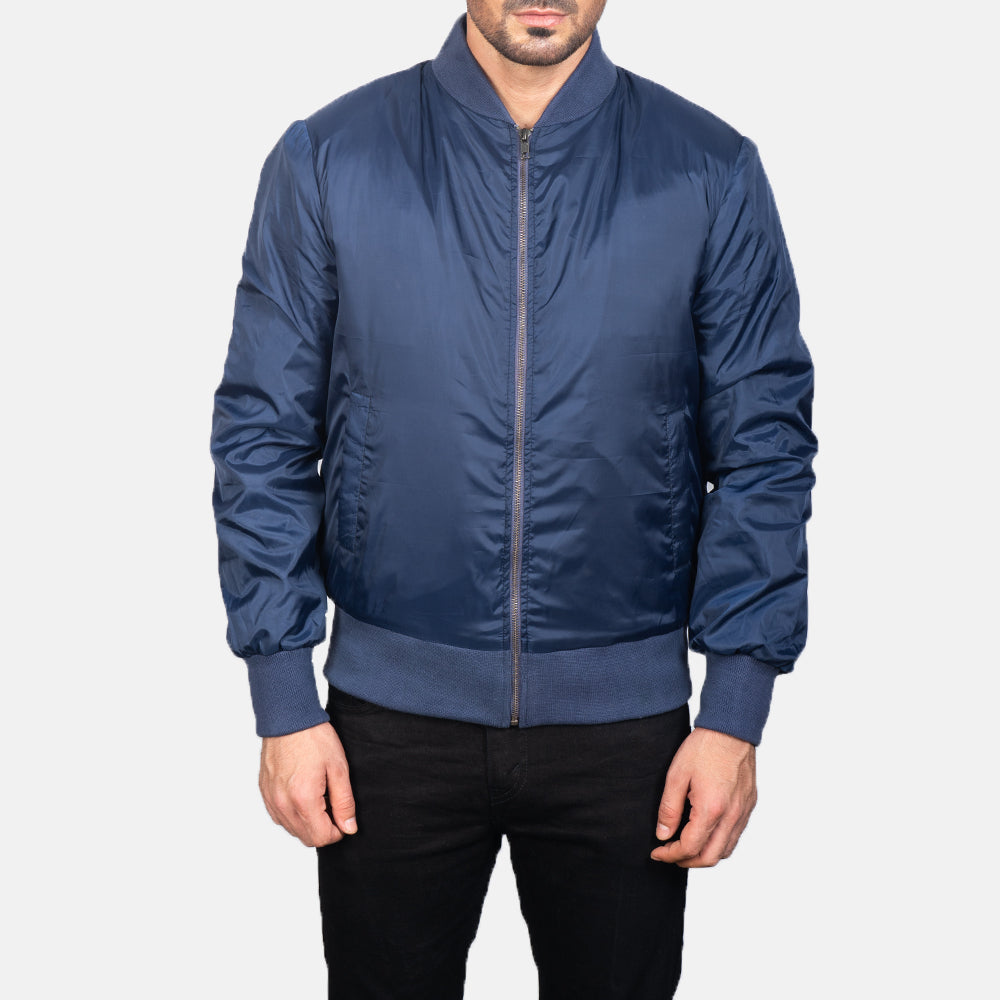 Detailansicht of Varsity &amp; Zipper Hardware on Men's Zack Blau Leder-Bomberjacke für Herren