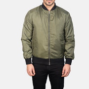 Detailansicht of Varsity &amp; Zipper Hardware on Men's Zack Grün Leder-Bomberjacke für Herren