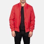 Men's Zack Rot Leder-Bomberjacke für Herren in Red Nylon - Vorderansicht &amp; maßgeschneiderte Silhouette | Online Kaufen