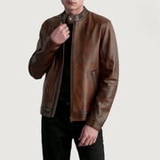 Zen Distressed Braun Leder-Bikerjacke für Herren in Distressed Brown Sheepskin Leather - Vorderansicht &amp; maßgeschneiderte Silhouette | Online Kaufen