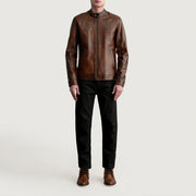 Detailansicht of Snap Button &amp; Zipper Hardware on Zen Distressed Braun Leder-Bikerjacke für Herren