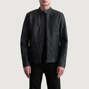 Zen Matte Schwarz Leder-Bikerjacke für Herren in Matte Black Cowhide Leather - Vorderansicht &amp; maßgeschneiderte Silhouette | Online Kaufen