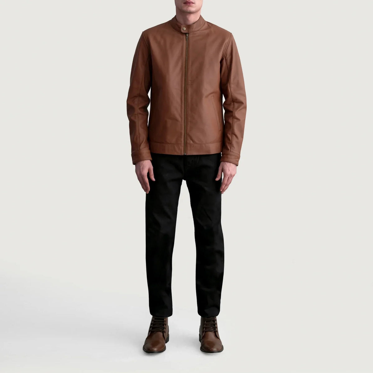 Detailansicht of Snap Button &amp; Zipper Hardware on Zen Matte Braun Leder-Bikerjacke für Herren