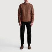 Detailansicht of Snap Button &amp; Zipper Hardware on Zen Matte Braun Leder-Bikerjacke für Herren
